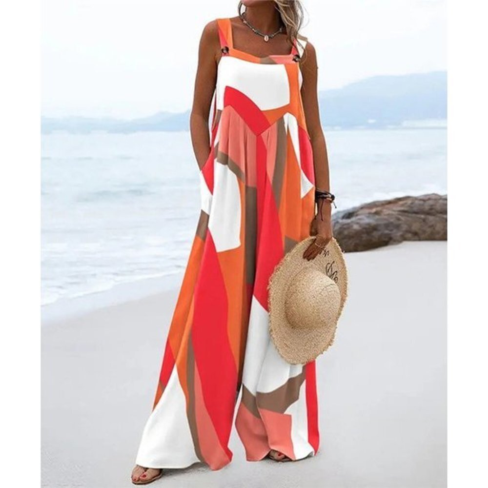 Orange Color Block Sleeveless Suspender Jumpsuit